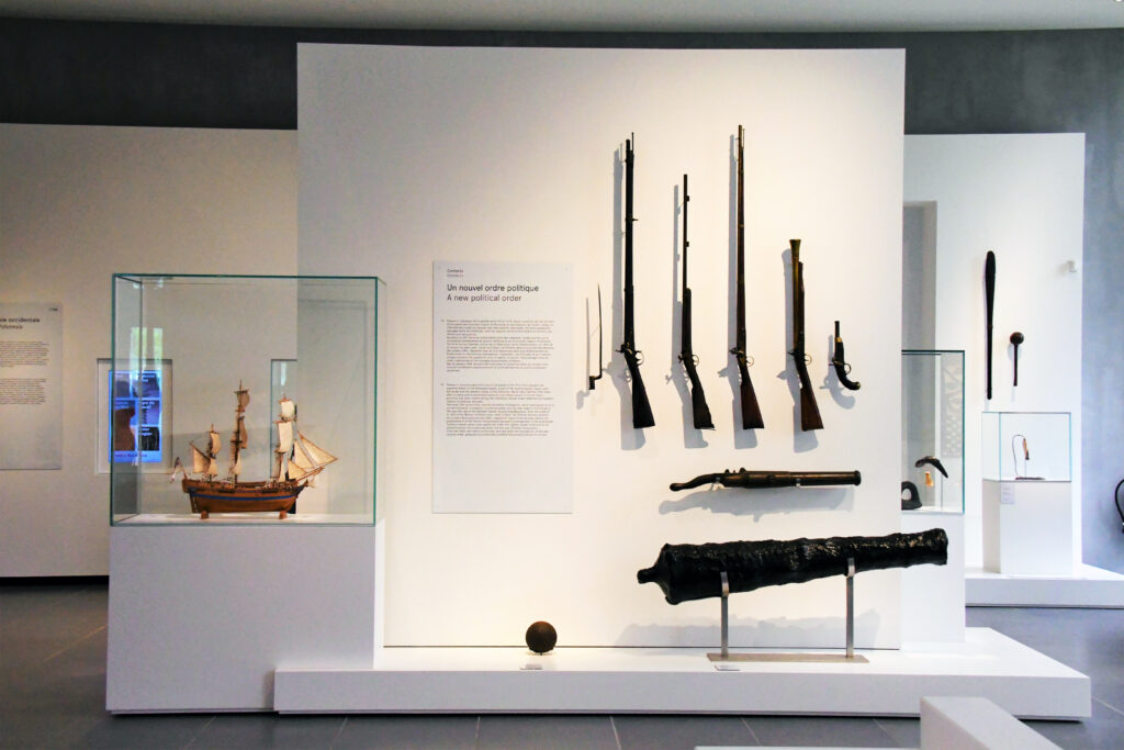| Blue Tahiti Travel Exhibits on Display at a Tahiti Museum Featuring Traditional Polynesian Tools, Carvings, Ceremonial Items, and Cultural Artifacts.