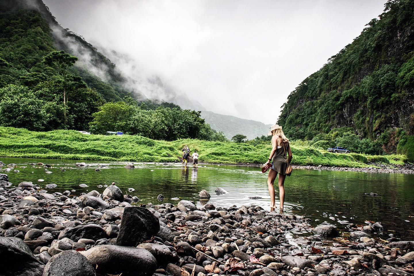 | Blue Tahiti Travel River Crossing by Hiker on a Scenic Tahiti Museum and Circle Island Tour