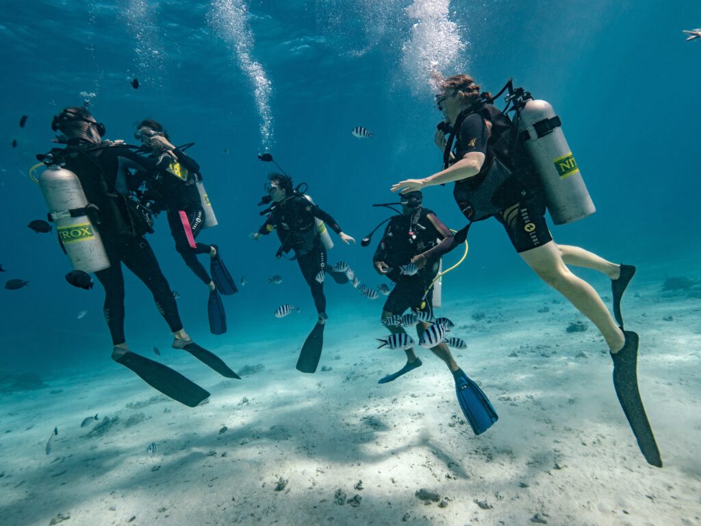 | Blue Tahiti Travel Group of Divers Underwater Exploring Coral Reefs and Marine Life While Diving French Polynesia.